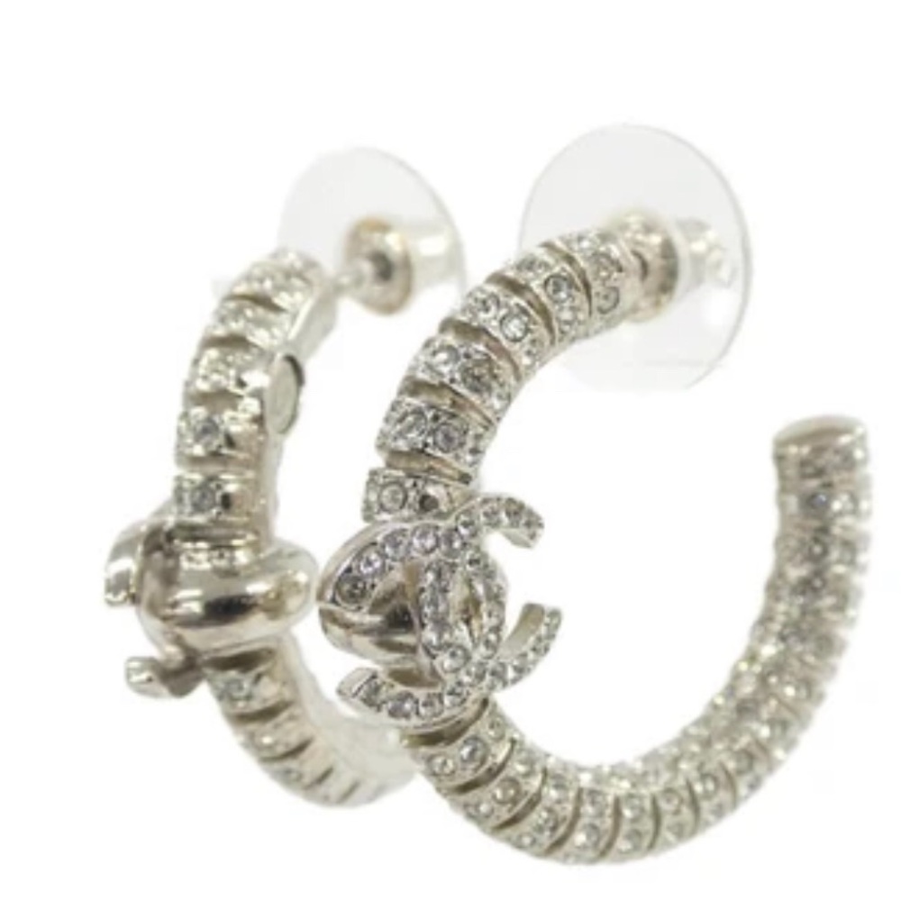 CHANEL Silver-Tone Crystal Hoop Earrings with CC Emblem